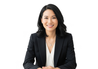 A professional asian woman wearing a black blazer and white top smiling warmly isolated on transparent background