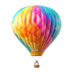 Fototapeta premium Colorful, diamond-patterned hot air balloon in yellow, orange, pink, blue, with basket and burners, isolated on a transparent background. background removed