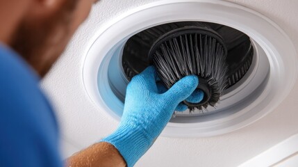 Person cleaning air vent with brush protective glove detail