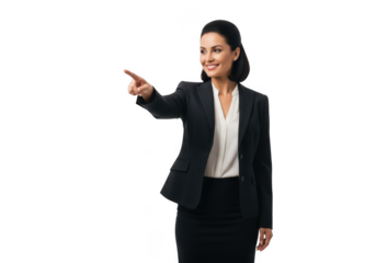 Professional businesswoman in a dark suit pointing forward with a confident smile isolated on transparent background