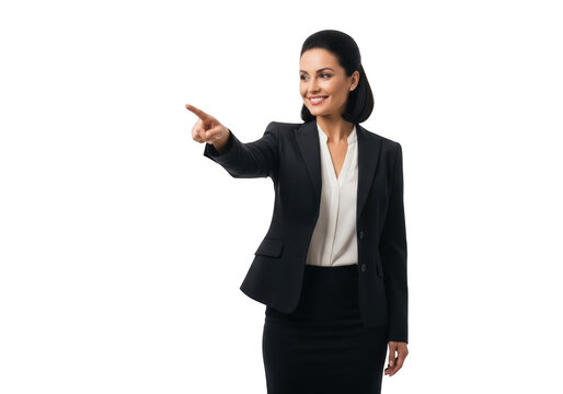 Professional businesswoman in a dark suit pointing forward with a confident smile isolated on transparent background