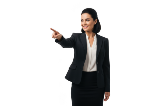 Professional businesswoman in a dark suit pointing forward with a confident smile isolated on transparent background