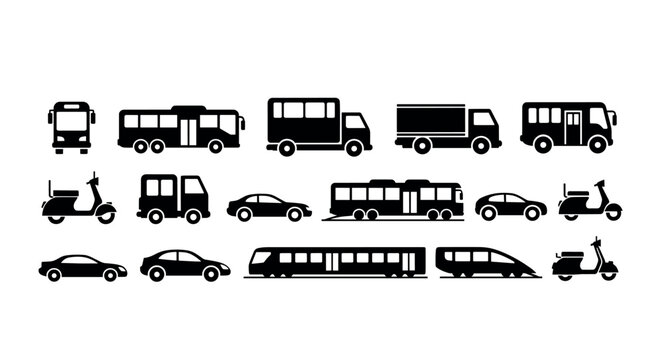 Black silhouette icons of various transportation vehicles, including buses, trucks, cars, scooters, and trains, displayed in two rows.