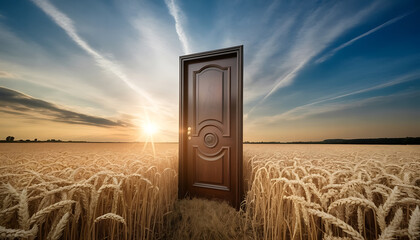 mysterious door in golden wheat field rural landscape photography wide open sky surreal concept