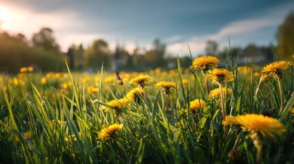 Field of dandelions in sunlight nature and floral photography