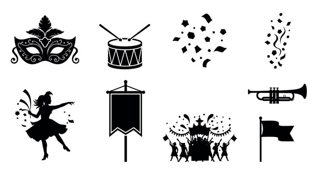 Black silhouettes depicting a festive parade theme with a mask, drum, confetti, trumpet, dancing couple, banner, carnival float, and waving flag.
