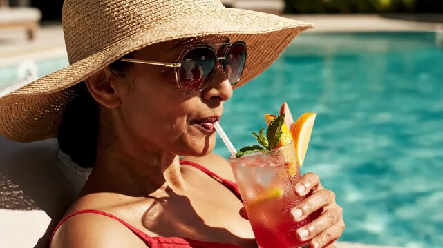 Woman in straw hat and sunglasses relaxes poolside, sipping a minty cocktail beside blue water under warm sun, enjoying a carefree summer vacation moment