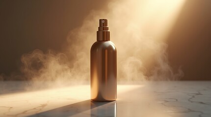 Metallic spray bottle on a marble table with light beam background