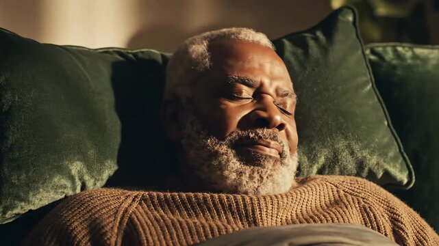 Senior black man enjoying a comfortable nap, gently sleeping with closed eyes on a plush green velvet couch, experiencing peace and comfort during golden hour sunlight