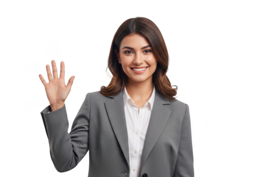 Smiling young woman in a gray business suit and white shirt waving hello with her right hand isolated on transparent background