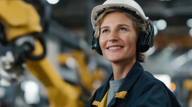 Mature worker with protective gloves and headset analyzing predictive maintenance dashboards beside robotic arms, emotion of confidence visible, representing knowledge transfer and technological