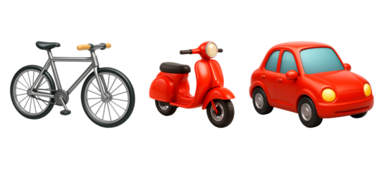 3d icon of a grey bicycle, a red scooter, and a red car are displayed side by side on a transparent background, representing different modes of transportation