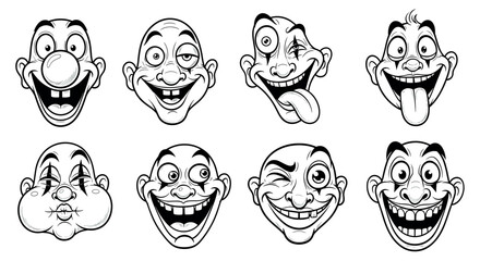 Black and white cartoon caricatures of eight male faces with exaggerated expressions including grinning, smirking, and playful features.