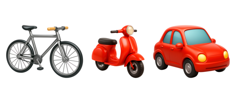 3d icon of a grey bicycle, a red scooter, and a red car are displayed side by side on a transparent background, representing different modes of transportation - Powered by Adobe