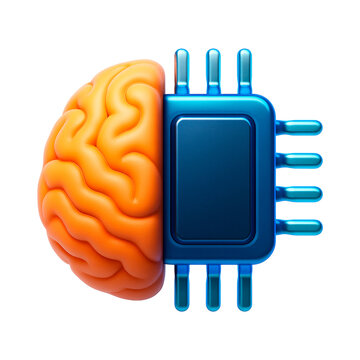 3d icon of artificial intelligence concept, a human brain merged with a computer microchip