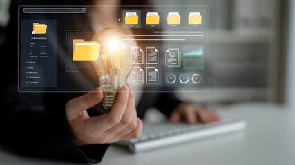A user interface for a document management system. The dashboard provides file organization, a project workspace, and data analytics for corporate information management. Fermion