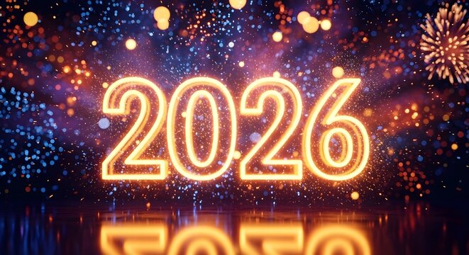 Bright glowing neon numbers 2026 illuminated against a vibrant backdrop of colorful fireworks and sparkling bokeh lights reflecting on a dark surface