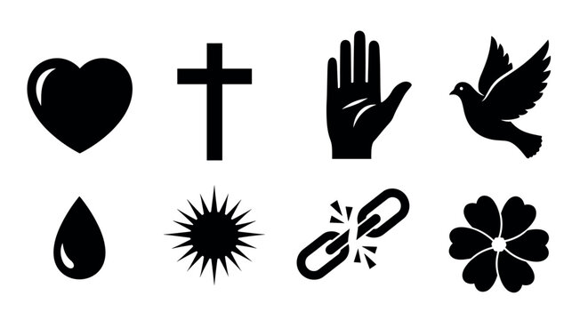Black silhouette icons representing a heart, cross, hand, dove, drop, sunburst, broken chain, and four-leaf clover, symbolizing various concepts.