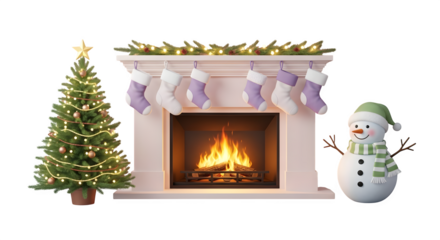 Christmas fireplace with tree and snowman isolated on transparent background