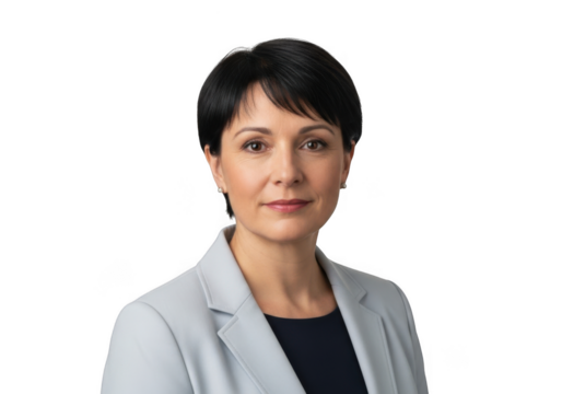 Professional businesswoman with short dark hair and a light gray blazer isolated on transparent background