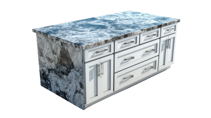Modern white kitchen island base with multiple drawers and cabinets, topped with a distinctive blue-gray patterned granite or stone countertop. background removed