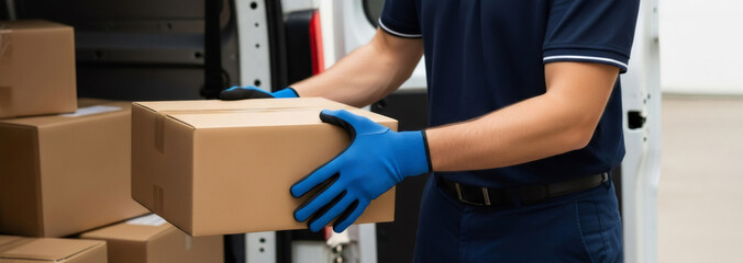 Man wearing blue gloves loading a cardboard box into a delivery van. Logistics and package shipping service. Fast and reliable courier. Banner with copy space