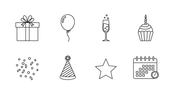 Minimalist black outline icons representing a gift box, balloon, champagne glass, cupcake, confetti, party hat, star, and calendar for celebration themes.