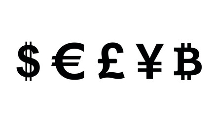 Black symbols of major currencies including dollar, euro, pound, yen, and bitcoin in a horizontal arrangement.