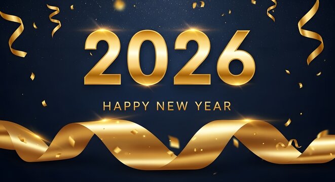 Golden 2026 happy new year celebration with shimmering confetti and luxurious satin ribbon on a dark blue background