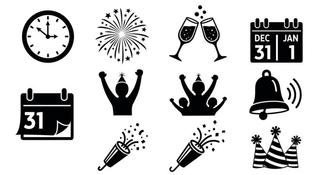 Black silhouette icons representing new year's eve celebrations with elements such as fireworks, champagne glasses, and party hats.