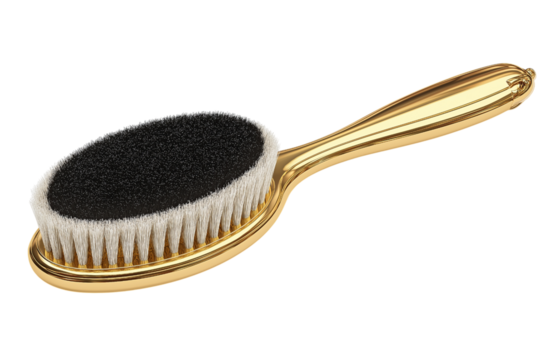 Gold hairbrush with black and white bristles isolated on a transparent background