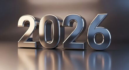 Shiny metallic 3d numbers spelling out the year 2026 with a reflective surface and soft background lighting