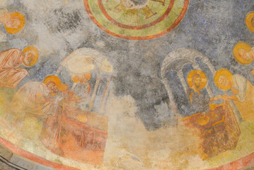 Wall frescoes in the ancient Church of St. Nicholas, located in the city of Demre, Myra, Turkey
