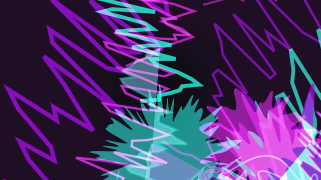 Abstract explosion of vibrant pink and teal scribbles and shapes against a dark background