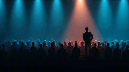 Fototapeta na wymiar Illustration Of Person Standing On Stage Before Large Audience Under Dramatic Lights For Inspiration Stage Leader Illustration