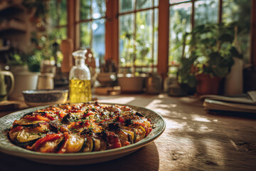Fototapeta premium Food Dish Of Homemade Ratatouille Served In Cozy Sunlit Kitchen With Fresh Vegetables And Herbs Homemade Ratatouille Dish 