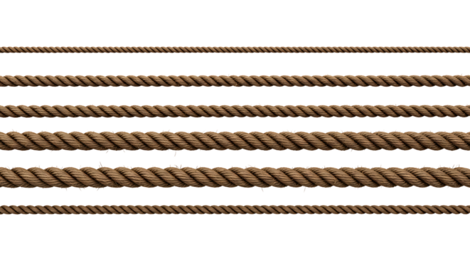 A Collection of Various Gauges and Textures of Braided Rope on a White Background