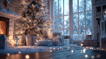 cozy christmas living room with decorated tree and fireplace