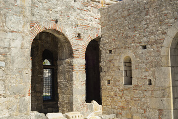Exterior view of the historic Byzantine-era St. Nicholas Church ,Noel Baba Church, with its stone walls and bell tower, located in Demre, Antalya, Turkey.