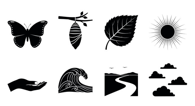 Black outline icons depicting a butterfly, cocoon on a branch, leaf, sunburst, hand holding object, ocean wave, winding road, and scattered clouds.