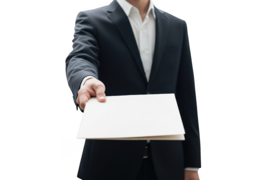 Professional businessperson in dark suit extending a blank white document for presentation or information exchange isolated on transparent background
