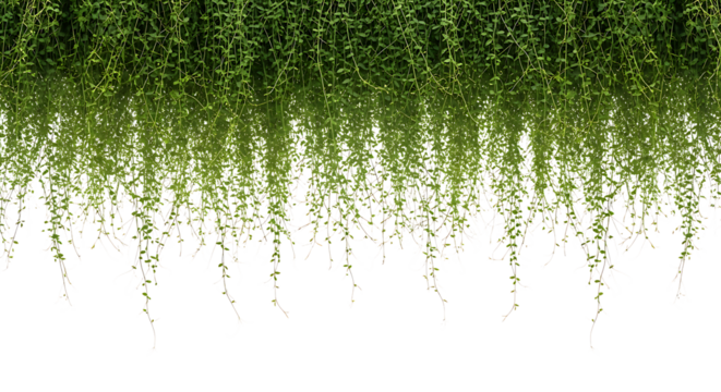 Lush green hanging vines creating a vibrant natural border, fresh foliage gracefully trailing downwards against a clean white background, perfect for organic design elements