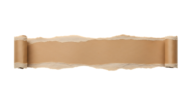 Torn brown paper banner with rough edges and rolled sides, perfect for creative text placement and design elements