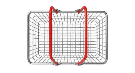 A top-down view of an empty, metallic shopping basket with red handles, isolated on a white background