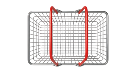 A top-down view of an empty, metallic shopping basket with red handles, isolated on a white background