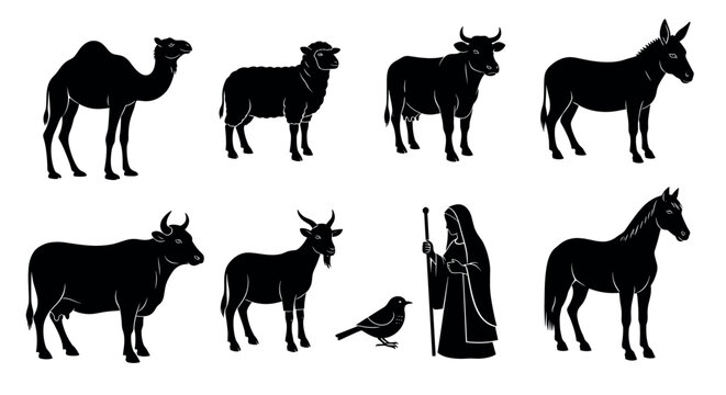 Black silhouette collection of various animals including a camel, sheep, cows, donkey, horse, and a person standing with a bird.