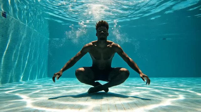 Man in swim shorts floating upside down in the clear blue water of a swimming pool, enjoying the serene and peaceful underwater escape, with light ripples on the surface