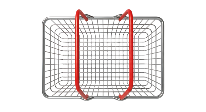 A top-down view of an empty, metallic shopping basket with red handles, isolated on a white background