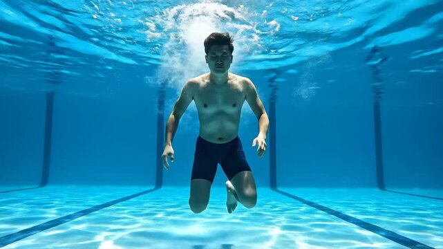 Boy experiencing the cool, clear water of a swimming pool from an underwater perspective, creating a unique reflection on the surface as he hovers in blue depths during a summer swim