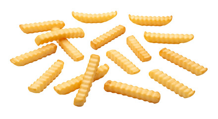 Delicious golden crinkle-cut french fries, a classic fast food snack and side dish, scattered and isolated on a clean white background